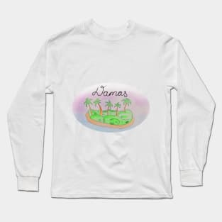 Damas watercolor Island travel, beach, sea and palm trees. Holidays and vacation, summer and relaxation Long Sleeve T-Shirt